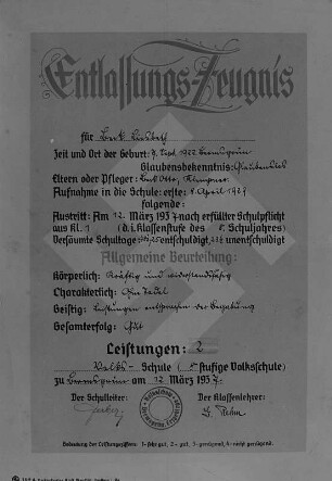 Entlassungs-Zeugnis von Lisbeth Beck, nach 8 Jahren Volksschule vom 12. März 1937 - Deckblatt : Entlassungs-Zeugnis von Lisbeth Beck