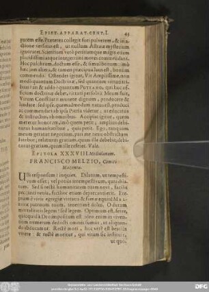 Epitola XXXVIII. Mediolanum. Francisco Melzio, Comiti Mazentae.