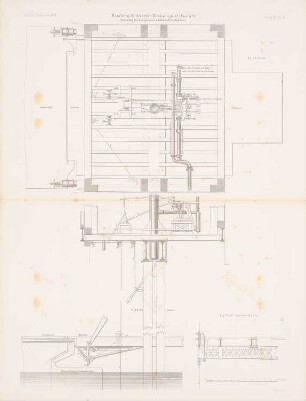 Homberg-Ruhrorter Rhein-Trajektanstalt, Duisburg: Ansichten, Schnitte hydraulische Steuerung (aus: Atlas zur Zeitschrift für Bauwesen, hrsg. v. G. Erbkam, Jg. 7, 1857)