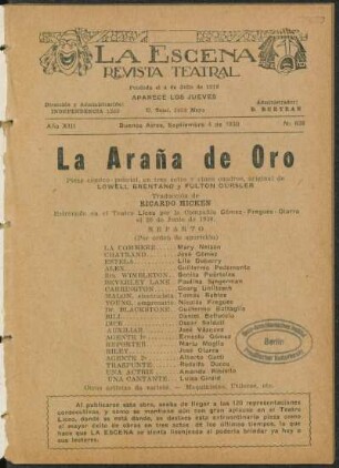 La araña de oro : pieza cómico-policial, en tres actos y cinco cuadros