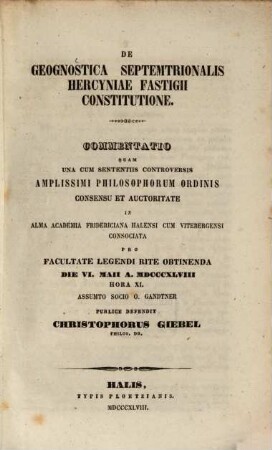 De geognostica septemtrionalis Hercyniae fastigii constitutione