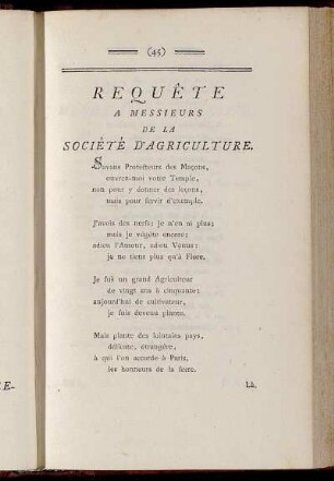 Requête a messieurs de la société d`agriculture. - Vers a Monsieur le Duc de Nivernois,[...]