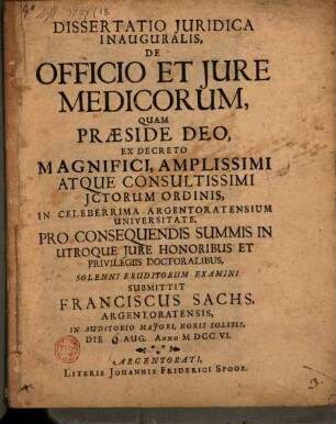 Diss. iur. inaug. de officio et iure medicorum