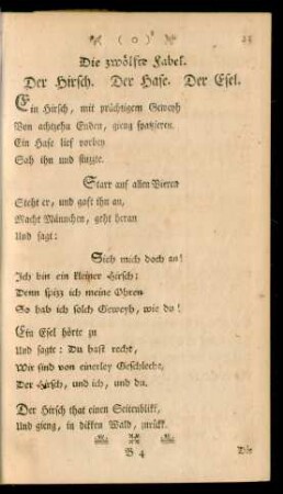 Die zwölfte Fabel. Der Hirsch. Der Hase. Der Esel