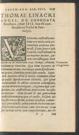 Thomae Linacri Angli, De Emendata structura, liber IIII. sive de constructione Verbi & Participii.