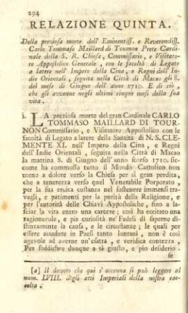 Relazione quinta. Della preziosa morte dell' Eminentiss. e Reverendiss. Carlo Tommaso Maillad di Tournon ...