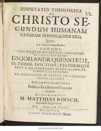 Disputatio Theologica De Christo Secundum Humanam Naturam Personaliter Deo