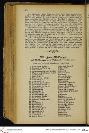 VII. Feuer-Meldungen und Meldungen von Wasserrohrbrüchen