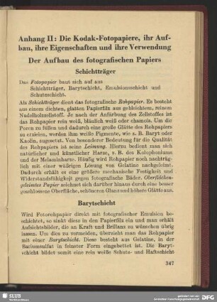 Anhang II, Die Kodak-Fotopapiere, ihr Aufbau, ihre Eigenschaften und ihre Verwendung