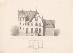 Empfangsgebäude auf dem Bahnhof Ehrang der Rheinischen Eisenbahn: Grundriss, Ansicht (aus: Architektonisches Skizzenbuch, H. 109/4, 1871)