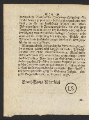 So geben Hohenbalderen den 15. Februarii 1737. Frantz Georg Churfürst