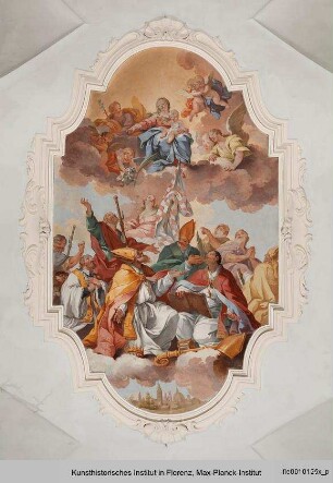 Madonna mit Kind und Joseph, auf einer Wolke über Heiligen und der Stadt Florenz schwebend