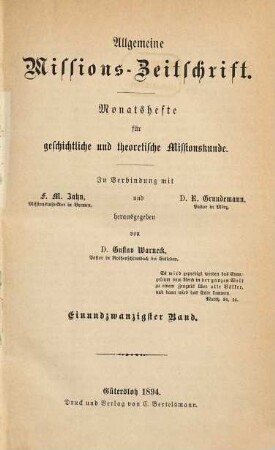 Allgemeine Missions-Zeitschrift : Monatsh. für geschichtl. u. theoret. Missionskunde. 21. 1894