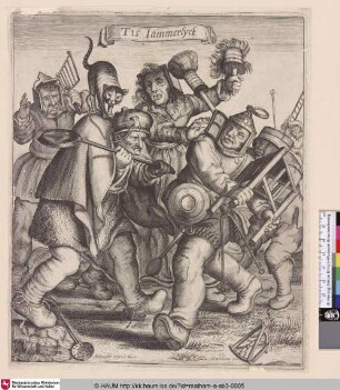 [Kampf zwischen grotesken Figuren; Fighting peasants wearing moch helmets and armour]