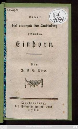 Ueber das vermeynte bey Quedlinburg gefundne Einhorn