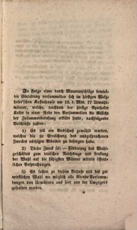 Einige Worte über Veranlassung und Zweck der ersten deutschen National-Versammlung : nebst einer kurzen Nachricht von dem hiesigen Vereine der Urwahlmänner ...