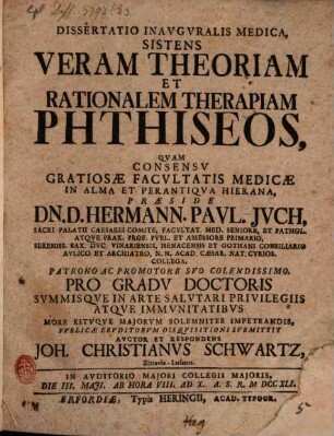 Dissertatio Inavgvralis Medica, Sistens Veram Theoriam Et Rationalem Therapiam Phthiseos