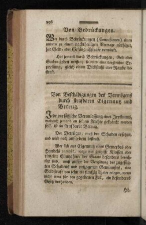Von Beschädigungen des Vermögens durch strafbaren Eigennutz und Betrug.