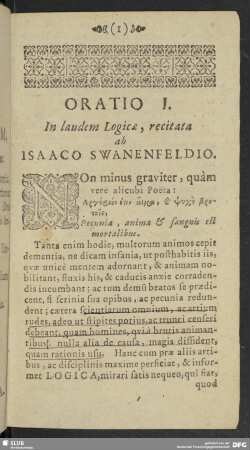 Oratio I. In laudem Logicae, recitata ab Isaaco Swanenfeldio