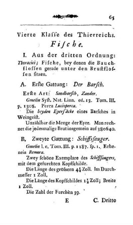 Vierte Klasse des Thierreichs. Fische.