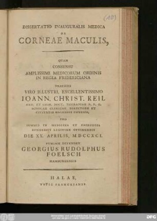 Dissertatio Inauguralis Medica De Corneae Maculis