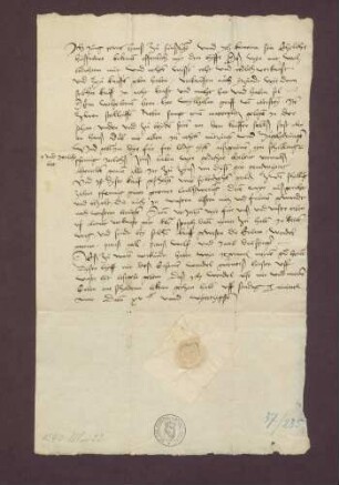 Verkaufsbrief des Jung Peters Hans zu Sinzheim und seiner Ehefrau Catharina an Graf Wilhelm von Eberstein über 2 Steckhaufen Reben samt Mattenplatz in der Schan um 17 fl.