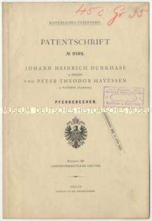 Patentschrift eines Pferderechens, Patent-Nr. 9592