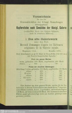 Verzeichnis der [verkäuflichen Kupferstiche]