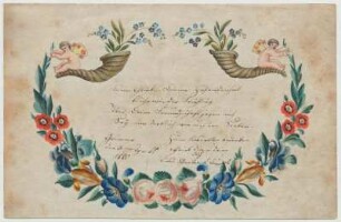 Poesieblatt mit Engelkindern, Füllhörnern und Blumengirlande : Poesieblatt mit Engelkindern, Füllhörnern und Blumengirlande. Farbdruck? auf Papier; 11 x 17 cm (Blattgröße). 1880/1890. Meißen: Stadtmuseum