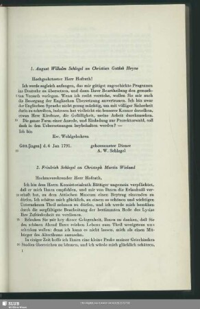 August Wilhelm von Schlegel an Christian Gottlob Heyne, Göttingen, 06.01.1791