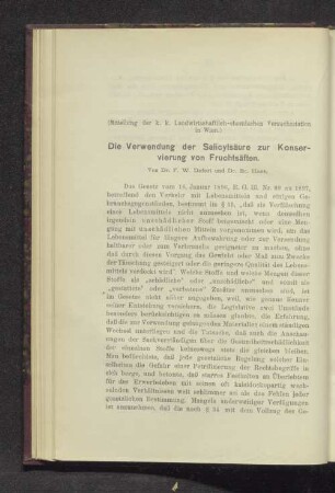 Die Verwendung der Salicylsäure zur Konservierung von Fruchtsäften.