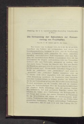 Die Verwendung der Salicylsäure zur Konservierung von Fruchtsäften.