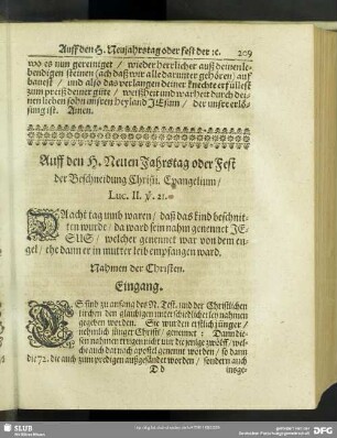 Auff den H. Neuen Jahrstag oder Fest der Beschneidung Christi. Evangelium, Luc. II. v. 21.