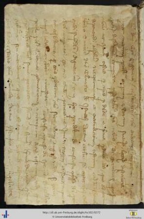 [Freistehender hinterer Spiegel verso] Fragment einer lateinischen Pergamenturkunde des 14. Jhs.