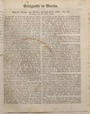 Ereignisse in Berlin. Aus der Beilage zur Berliner Zeitungs-Halle 1848. Nr. 69.