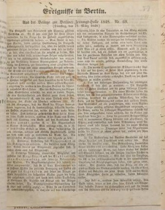Ereignisse in Berlin. Aus der Beilage zur Berliner Zeitungs-Halle 1848. Nr. 69.