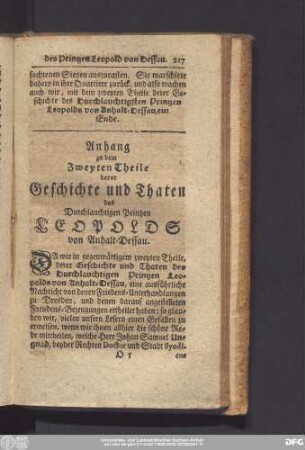 Anhang zu dem Zweyten Theile derer Geschichte und Thaten des Durchlauchtigen Printzen Leopold von Anhalt-Dessau.