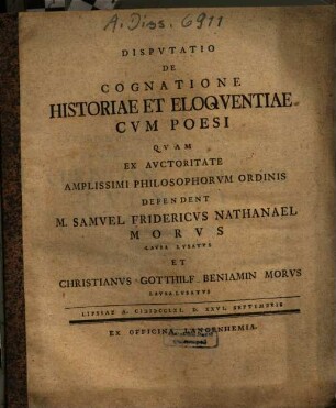 Dispvtatio De Cognatione Historiae Et Eloquentiae Cvm Poesi