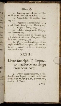 XXXIII. Literae Rudolphi II. Imperatoris ad Foederatas Belgii Provincias 1607