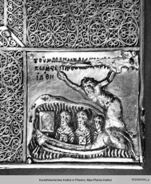 Mandylion : Äußerer Paläologischer Rahmen mit Szenen der Mandylion-Legende : Das Mandylion wird von Edessa nach Konstantinopel gebracht
