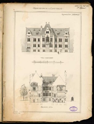 Landratsamt (Kreishaus), Cottbus Monatskonkurrenz Juli 1890: Aufriss Rückansicht (Hofansicht), Querschnitt (mit Innenhofansicht); Maßstabsleiste