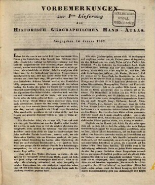Vorbemerkungen zur I. - X. Lieferung des historisch-geographischen Hand-Atlas