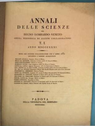Annali delle science del Regno Lombardo-Veneto. 1831 = T. 1, Fasc. 1
