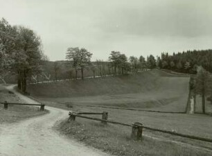 Freiberger Bergbaurevier, Damm des Dörnthaler-Kunstteiches mit Aus- und Überlauf, Blick nach Süden