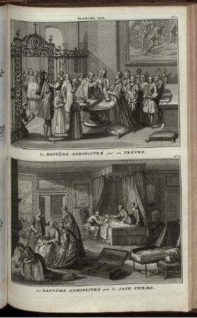 Planche. XXX. : No 1. Le Baptême Administré pa run Prêtre ; No 2. La Baptême Administré par la Sage-Femme