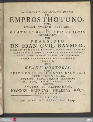 Dissertatio Inavgvralis Medica De Emprosthotono