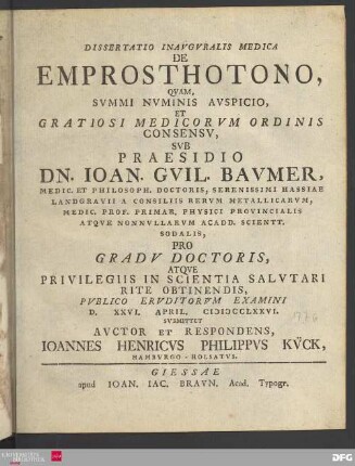 Dissertatio Inavgvralis Medica De Emprosthotono