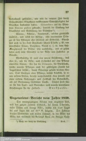 Vegetations-Bericht vom Jahre 1830