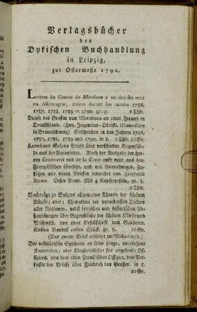 Verlagsbücher der Dykischen Buchhandlung in Leipzig, zur Ostermeße 1792.