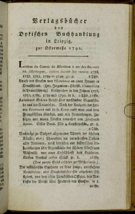 Verlagsbücher der Dykischen Buchhandlung in Leipzig, zur Ostermeße 1792.